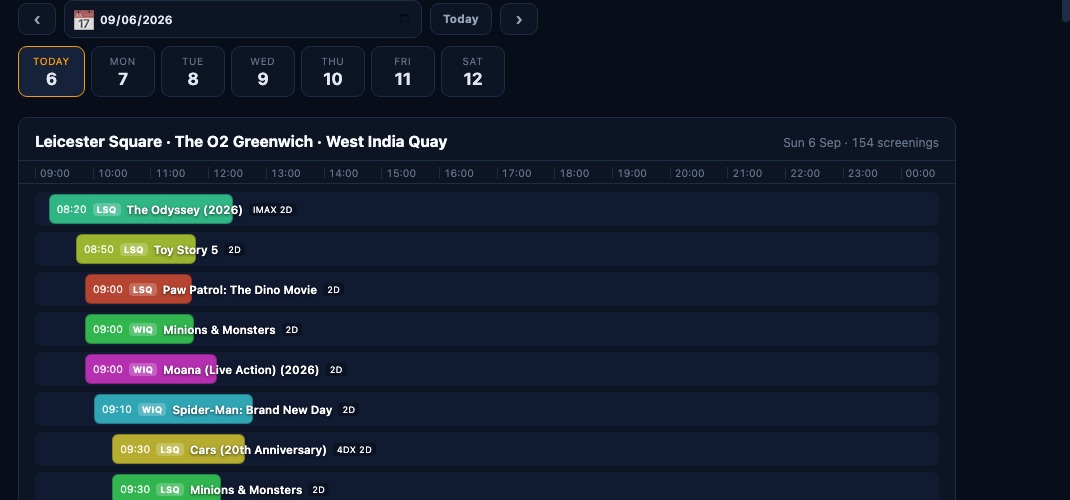 Cine's listings board: a day's Cineworld screenings across three cinemas, shown as coloured bars on a shared timeline.